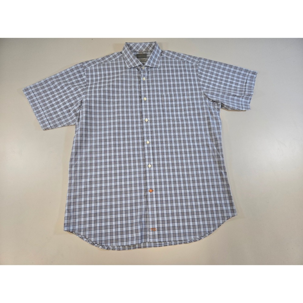 Thomas Dean Mens Blue Plaid Short Sleeve Button Down Shirt Cotton Large
